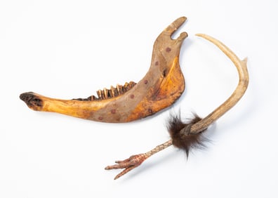 NATIVE AMERICAN PAINTED MEDICINE MAN JAW AND ASSEMBLED CLAW ANTLER.