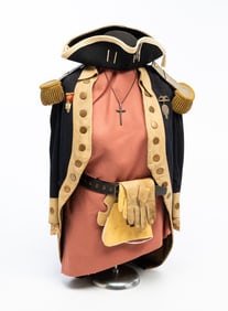 AMERICAN COLONIAL STYLE BLUE WOOL UNIFORM COAT WITH EPAULETTES, TRICORN HAT, AND FRATERNAL