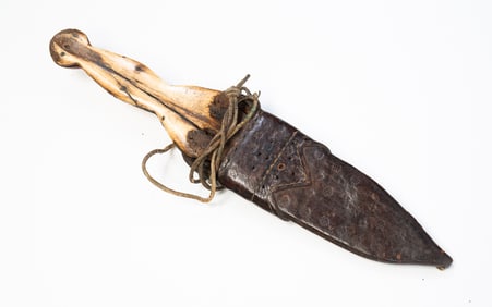 SCARCE EARLY TRADE BLADE KNIFE WITH BONE HANDLE IN TOOLED LEATHER SHEATH.