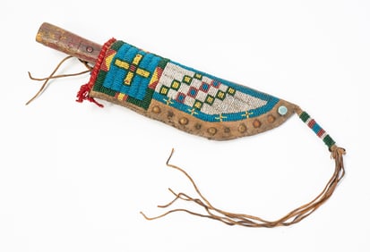 PLAINS POLYCHROME BEADED KNIFE SHEATH AND KNIFE.