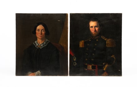 A PAIR OF PORTRAITS OF A CIVIL WAR ERA OFFICER AND HIS WIFE.