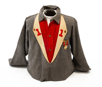 AMERICAN 19TH CENTURY FIREFIGHTER UNIFORM ON MANNEQUIN BODY.