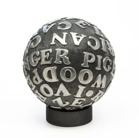 GENE KANGAS (AMERICAN, B. 1944) SPHERICAL CARVED AND PAINTED WOOD SCULPTURE.