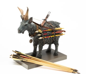 GENE KANGAS (AMERICAN, B. 1944) CARVED AND POLYCHROME-PAINTED WOOD SCULPTURE OF BILLY GOAT GRUFF.