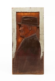 FOLK ART CARVED AND PAINTED WALNUT RELIEF PROFILE OF FRANKLIN DELANO ROOSEVELT, DATED 1937.