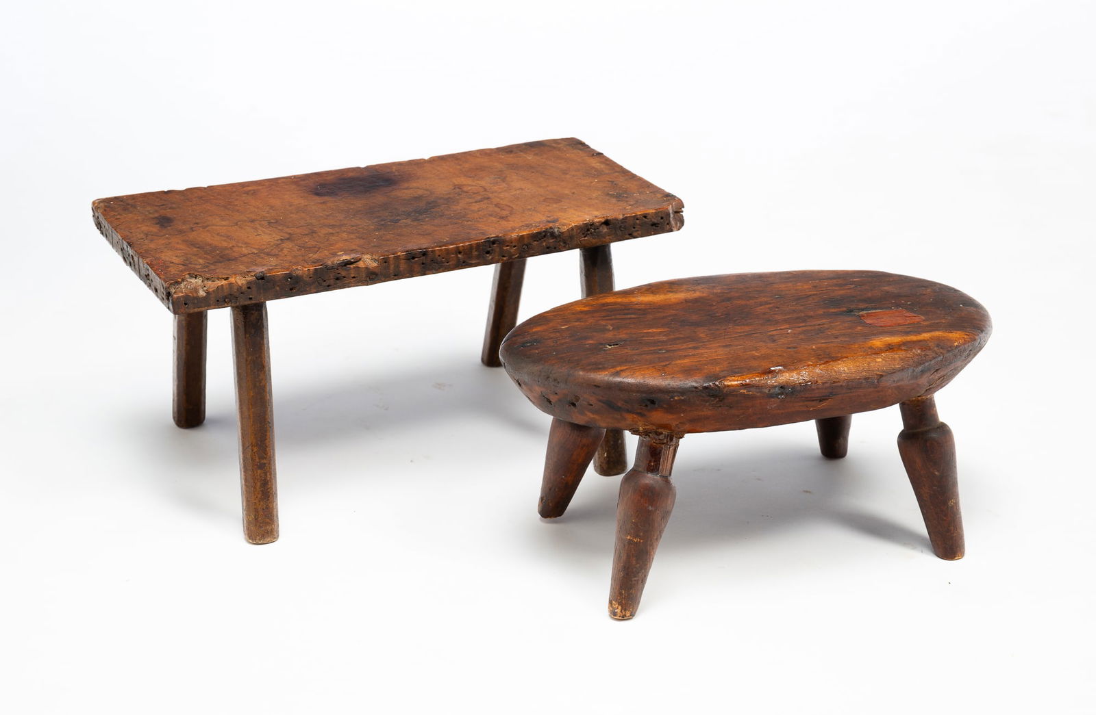 TWO AMERICAN SPLAY LEG FOOTSTOOLS, INCL. TIGER MAPLE EXAMPLE. (1 of 3)