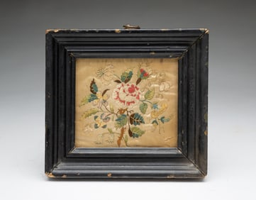 DIMINUTIVE AMERICAN NEEDLEWORK SAMPLER ON SILK.