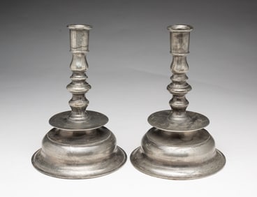 PAIR OF EUROPEAN PEWTER CAPSTAN CANDLESTICKS.