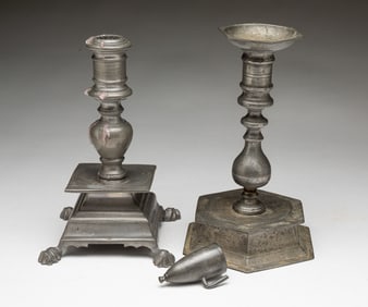 TWO EUROPEAN PEWTER CANDLESTICKS AND A SNUFFER.