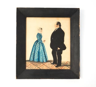 AMERICAN SCHOOL FOLK ART WATERCOLOR DOUBLE PORTRAIT OF A LADY AND GENTLEMAN.