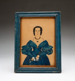 AMERICAN SCHOOL FOLK ART WATERCOLOR AND INK PORTRAIT OF A LADY.