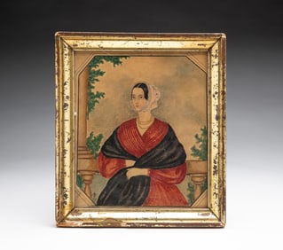 AMERICAN SCHOOL WATERCOLOR PORTRAIT OF A LADY, SIGNED "A.T." AND DATED 1845.