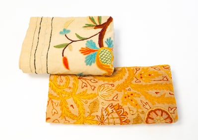 TWO CREWELWORK COVERLETS.