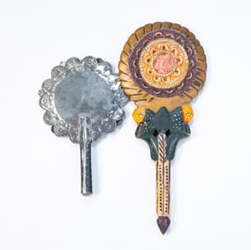 TWO MEXICAN HAND MIRRORS, INCL. CARVED AND POLYCHROME EXAMPLE.