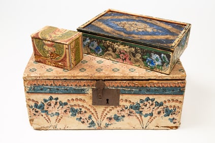 THREE AMERICAN WALLPAPER-COVERED BOXES.