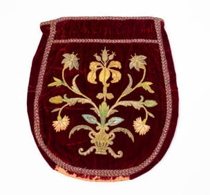 EXTRAORDINARY ENGLISH VELVET STUMPWORK WEALTHY WOMAN'S TWO-SIDED WORKBAG.