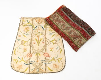 EUROPEAN EMBROIDERED SILK CHASUBLE FRAGMENT AND KASHMIRI WOOL PAISLEY SHAWL.