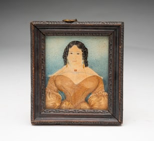 MINIATURE AMERICAN SCHOOL FOLK ART WATERCOLOR PORTRAIT OF A LADY.