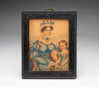 MINIATURE ENGLISH SCHOOL WATERCOLOR PORTRAIT OF A MOTHER AND CHILD.
