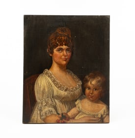 AMERICAN SCHOOL OIL ON CANVAS PORTRAIT OF A LADY WITH HER CHILD.