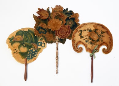 THREE PAINTED VELVET THEOREM FANS OR FIRE SCREENS.