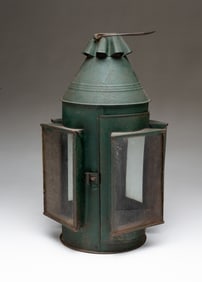 AMERICAN GREEN-PAINTED TIN AND GLASS CANDLE LANTERN.