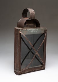AMERICAN TIN AND GLASS HALF-MOON CANDLE LANTERN.