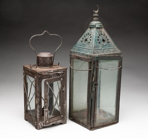 TWO AMERICAN TIN AND GLASS CANDLE LANTERNS.