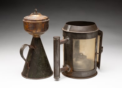 TWO AMERICAN TIN FLUID LAMPS, ONE WITH HORN PANELS.