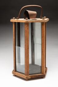 AMERICAN PINE AND GLASS HEXAGONAL CANDLE LANTERN.