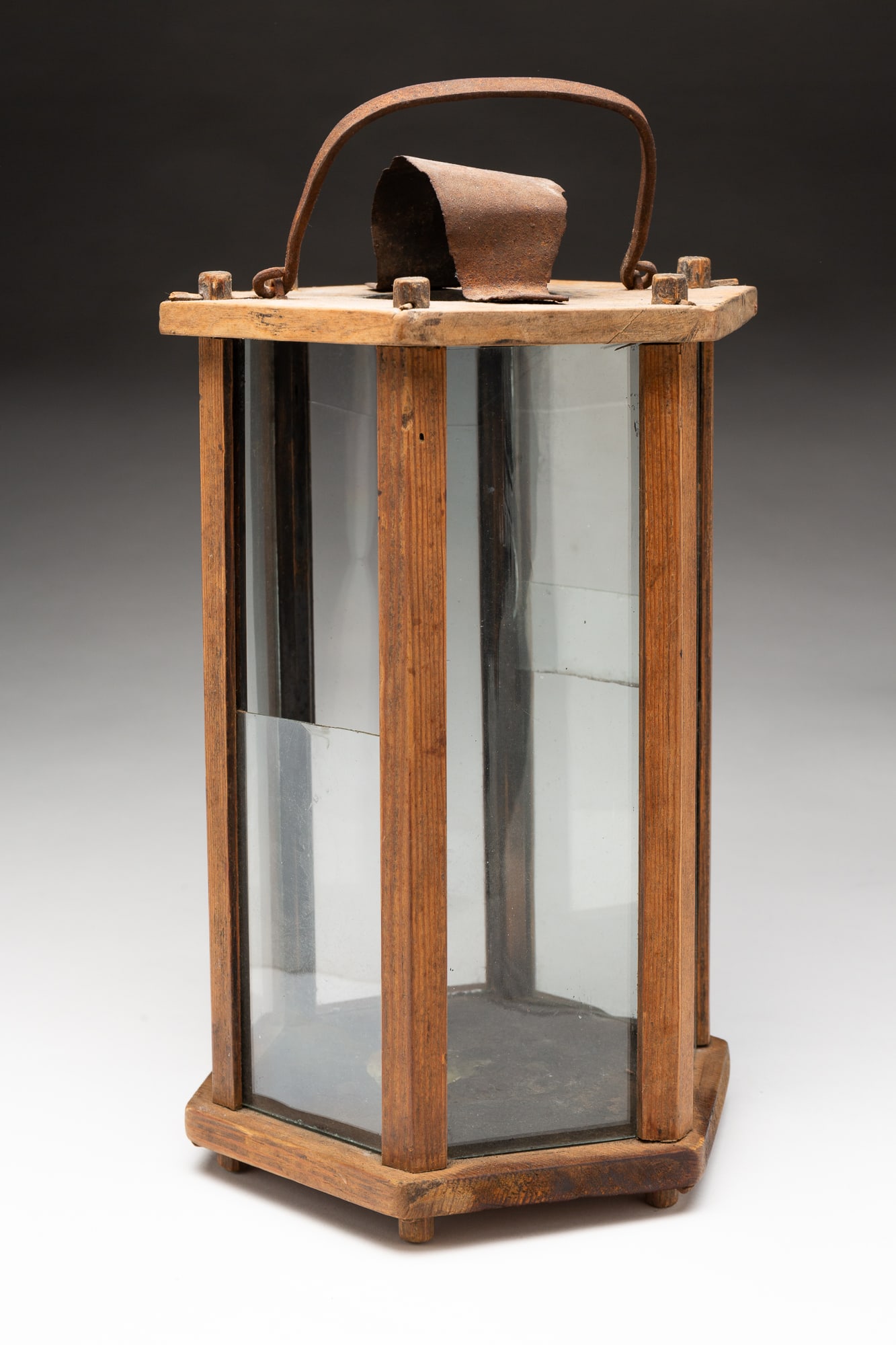 AMERICAN PINE AND GLASS HEXAGONAL CANDLE LANTERN. (1 of 5)