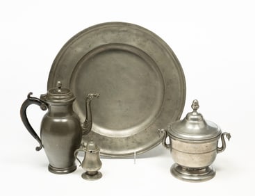 FOUR PEWTER TABLEWARE ITEMS, INCL. FLEMISH TUREEN.