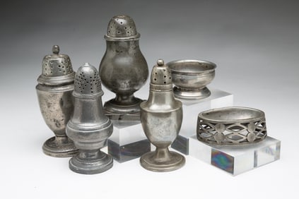 COLLECTION OF SIX PEWTER MUFFINEERS, PEPPER POTS, AND OPEN SALTS.