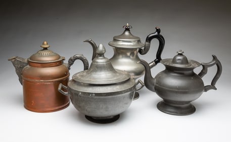 FOUR AMERICAN PEWTER VESSELS, INCL. REED & BARTON TEAPOT.