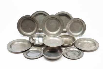 THIRTEEN PEWTER PLATES, BASINS, AND SHALLOW BOWLS.