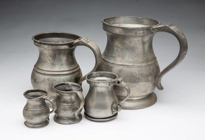 GROUP OF FIVE ENGLISH PEWTER GRADUATED MEASURES, INCL. JAMES YATES.