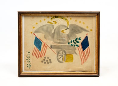 AMERICAN SCHOOL PATRIOTIC WATERCOLOR THEOREM ON PAPER.