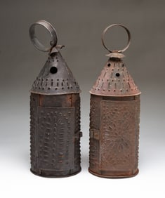 TWO AMERICAN PUNCHED TIN CANDLE LANTERNS.