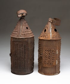 TWO AMERICAN PUNCHED TIN CANDLE LANTERNS.