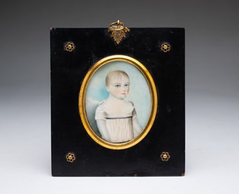 MINIATURE AMERICAN SCHOOL FOLK ART GOUACHE PORTRAIT OF A CHILD.
