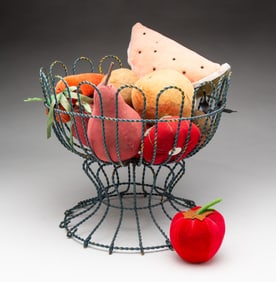 AMERICAN TWISTED WIREWORK COMPOTE FILLED WITH FOURTEEN FRUIT AND VEGETABLE-FORM PINCUSHIONS AND