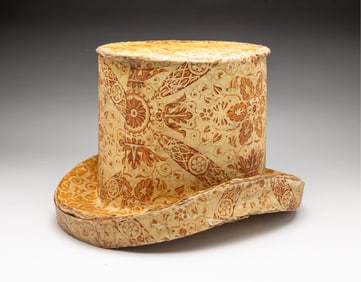 AMERICAN WALLPAPER HAT BOX WITH YOUNG BROTHERS (NEW YORK) BEAVER TOP HAT.