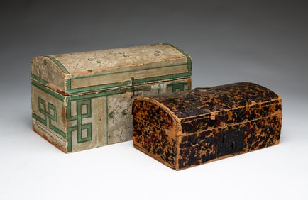 TWO AMERICAN PAPER-DECORATED DOME TOP BOXES.
