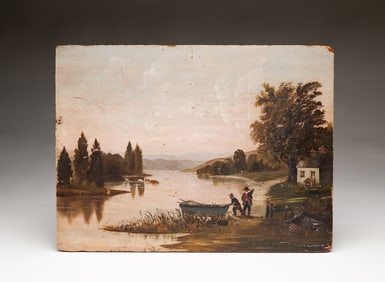 AMERICAN SCHOOL FOLK ART OIL ON BOARD OF LANDSCAPE.