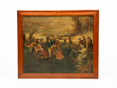 LATE 19TH CENTURY OIL ON CANVAS SCENE OF ICE SKATERS ON POND.