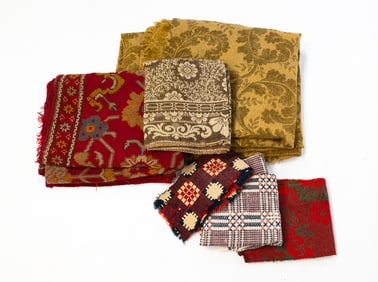 SIX AMERICAN WOOL TEXTILE AND CARPET FRAGMENTS, INCL. BERLIN-WORK TABLE COVER.