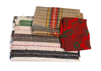 TWO AMERICAN POLYCHROME RAG RUGS AND AN INGRAIN CARPET FRAGMENT.