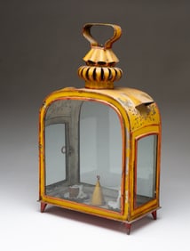 FRENCH YELLOW AND RED TOLE-PAINTED DOUBLE CANDLE LANTERN.