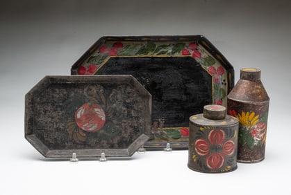 FOUR-PIECE GROUP OF AMERICAN PAINTED TOLEWARE.