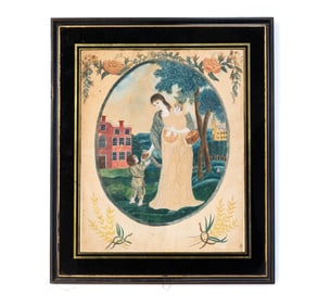 AMERICAN SCHOOL FOLK ART WATERCOLOR ON PAPER OF A LADY WITH YOUNG CHILDREN.